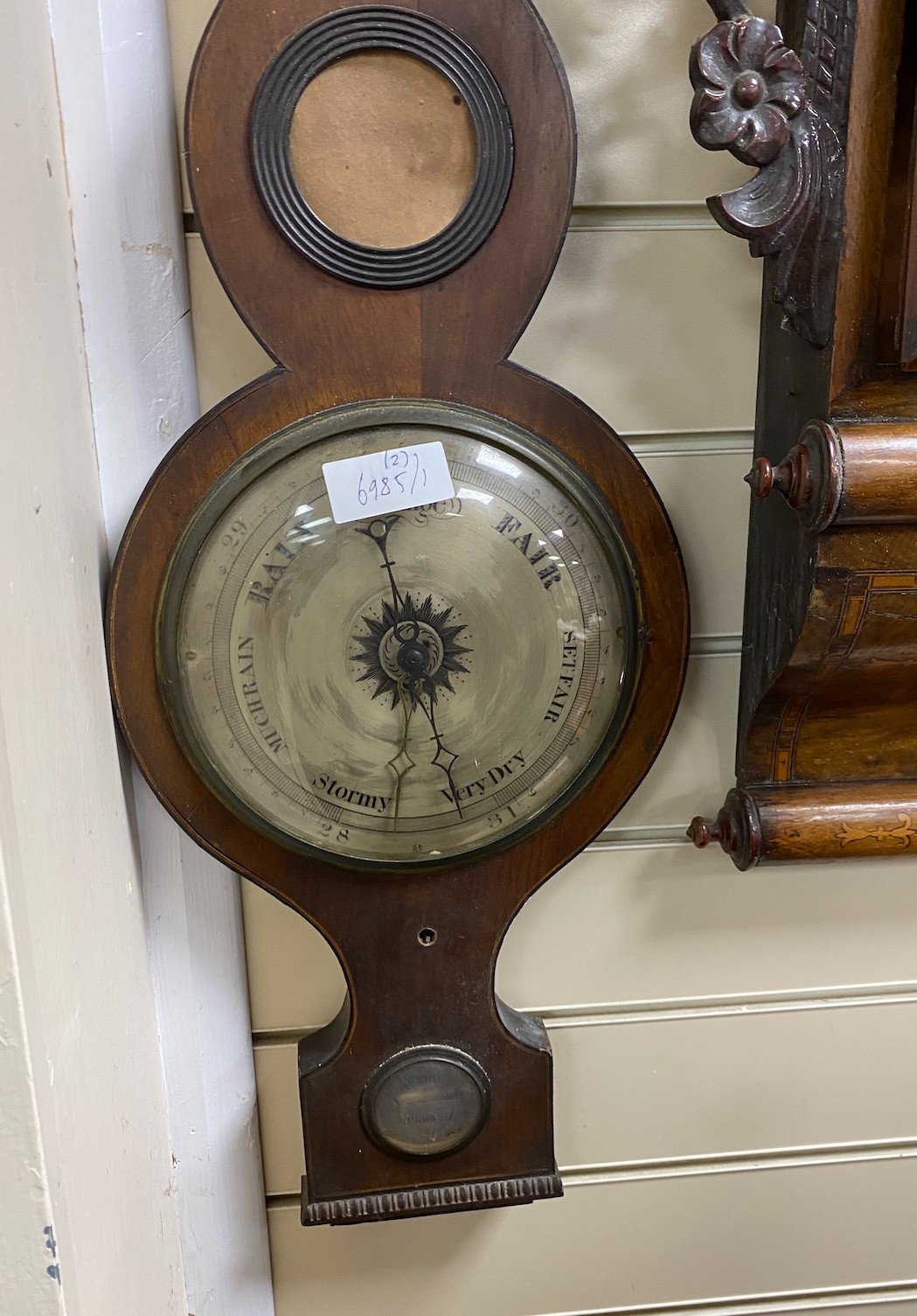 A Victorian inlaid drop dial wall clock and a 19th century wheel barometer